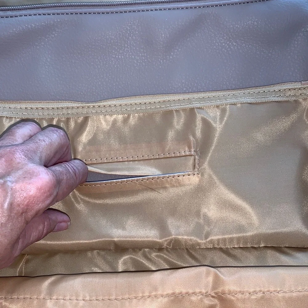 Crossbody purse with both baby changing pad & place for baby wipes, in Taupe/tan
